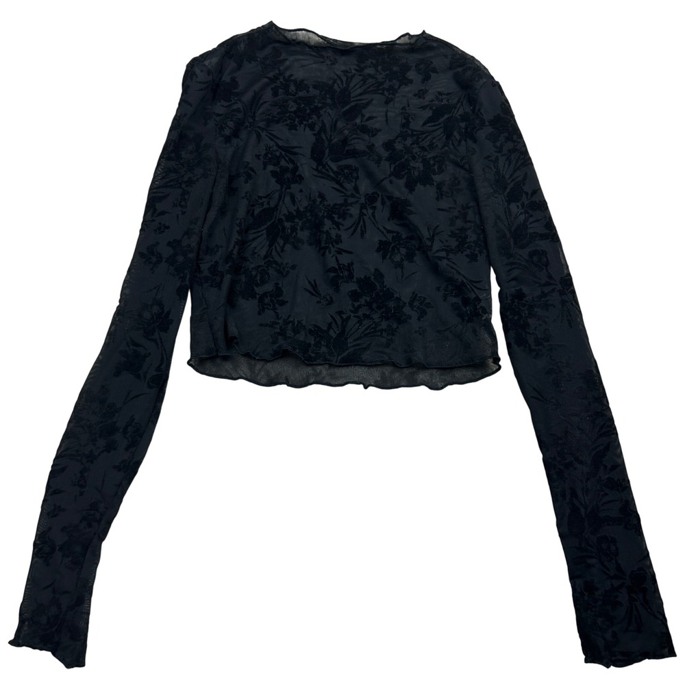 SHEIN Floral Flocked Mesh Top Womens M Black Sheer Long Sleeve Whimsigoth Y2K
